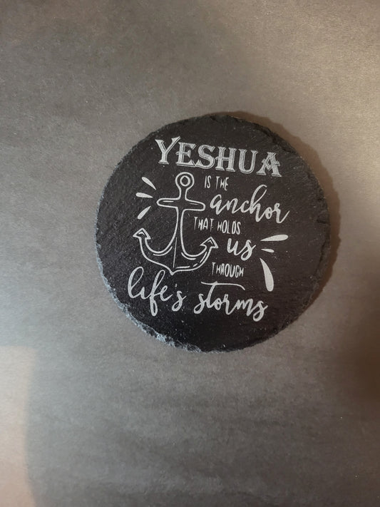 set of 4,round slate coaster/ Yeshua is the anchor
