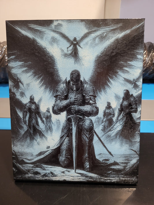 archangel kneeling engraved on canvas